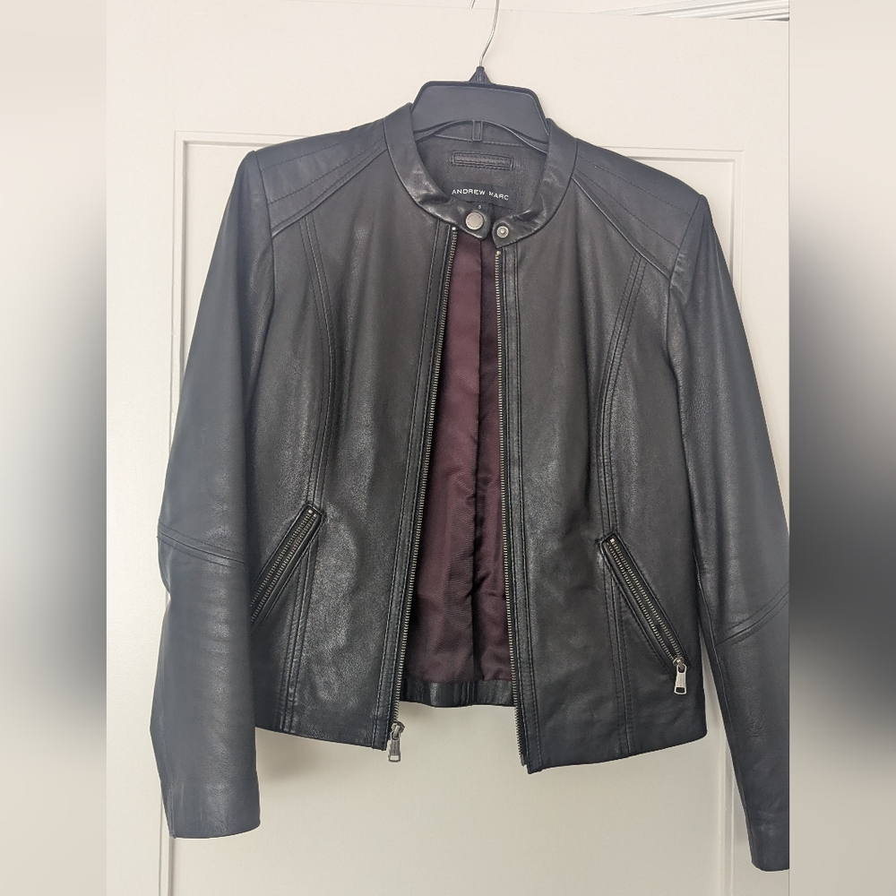 Andrew Marc Black Leather Cafe Racer Jacket - Purple Satin Lining